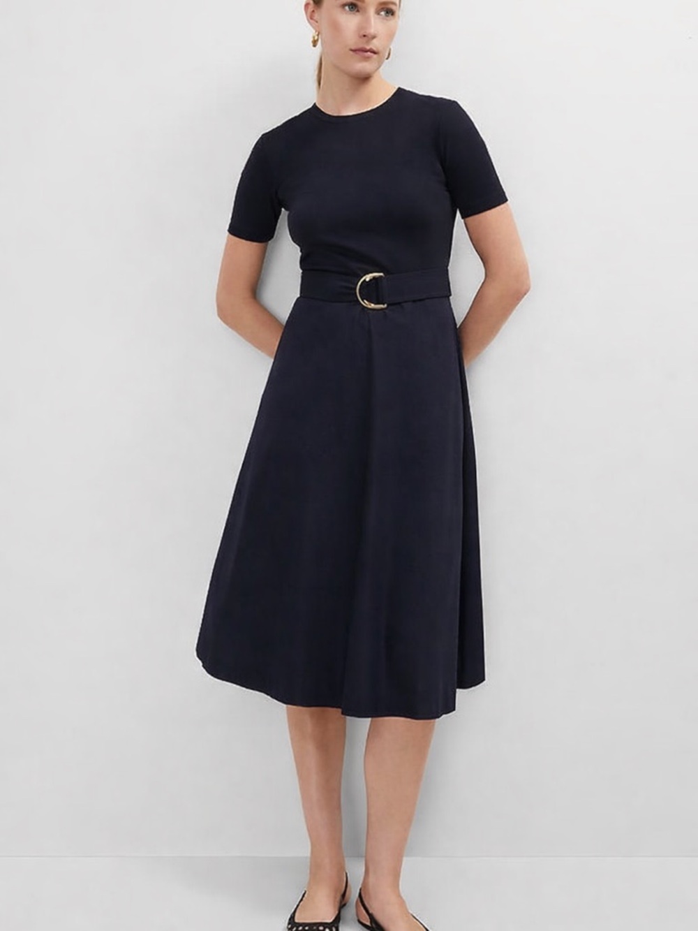 Ann Taylor Navy Mixed Media Flare Midi Dress